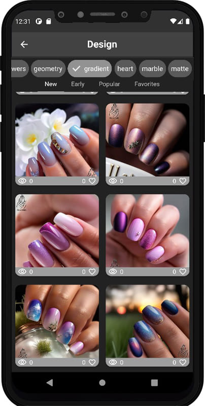 Dark mobile app theme with photo gallery of nail designs