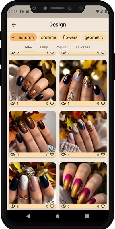 Light mobile app theme with photo gallery of nail designs