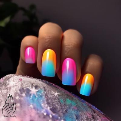 Многоцветный градиентный неоновый дизайн ногтей от NeuroNails