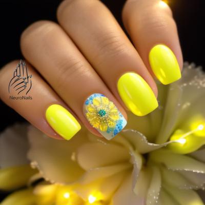 Желтый неоновый дизайн ногтей с изображением цветка