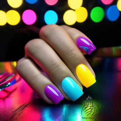 Неоновый дизайн с фиолетовыми, голубыми и желтыми ногтями