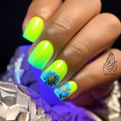 Неоновый дизайн ногтей желто-зеленых оттенков и синими цветами
