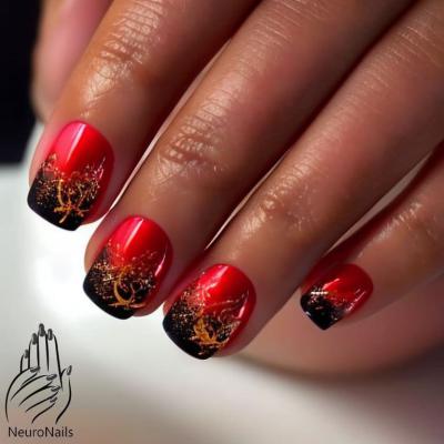 Черно-красный градиент на ногтях пересекается изображением языков пламени 