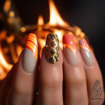 Ногти с абстрактным дизайном, напоминающим пламя, с использованием ярких оттенков красного и оранжевого