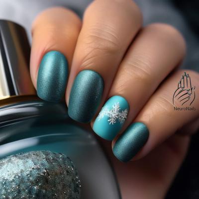 Nails in turquoise and emerald shades with a white snowflake