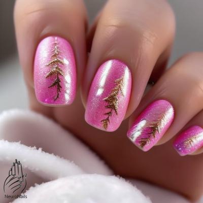 Pink nails with gold trees
