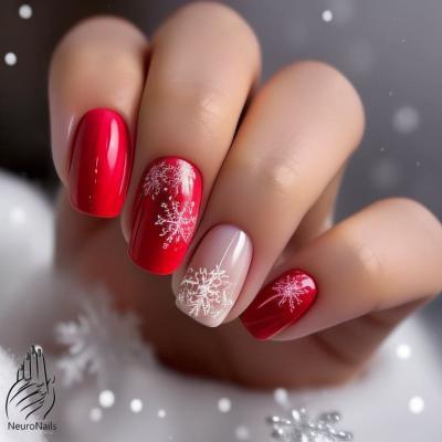 Red and beige shades of manicure with the image of snowflakes
