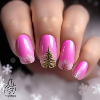 Pink manicure with a green Christmas tree image