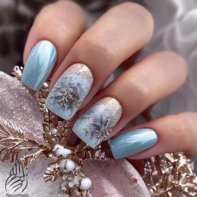 blue manicure with winter pattern