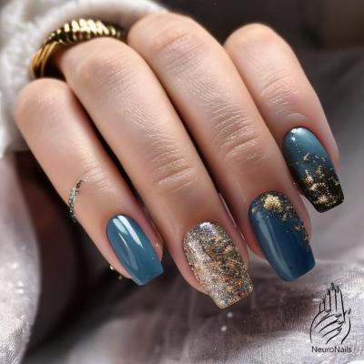Dark blue manicure with gilding