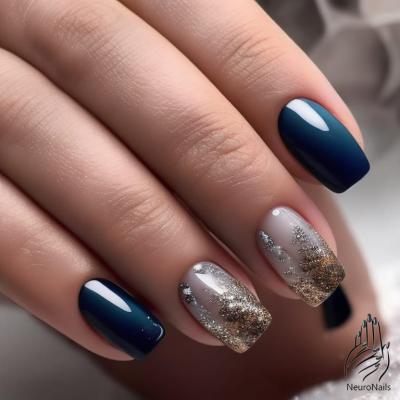 Dark blue and beige tones of manicure with patterns