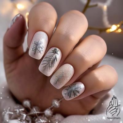 Winter manicure with spruce branches on nails