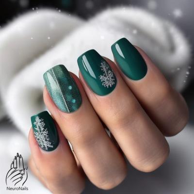 Emerald nails with white snowflakes