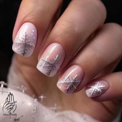 Silver snowflakes on pink nails