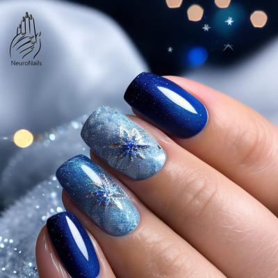 Winter nail design with blue background and patterns