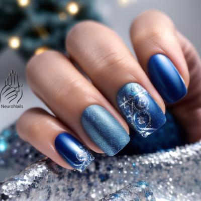 Winter patterns on blue toned nails