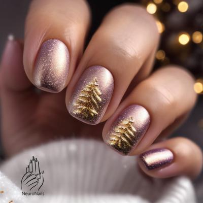 Winter nail design with golden Christmas trees on the nails