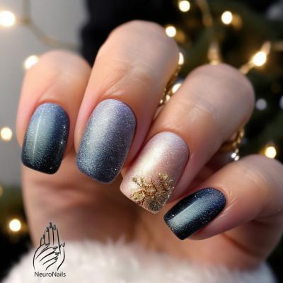 Blue and gold nails with decoration