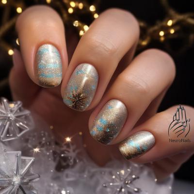 Winter nail design with a golden background and blue splashes