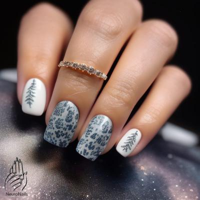Winter nail design with white background and leopard print
