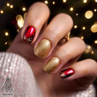 Красный и золотистый оттенки на ногтях