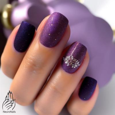 Матовый фиолетовый фон на ногтях со снежинкой