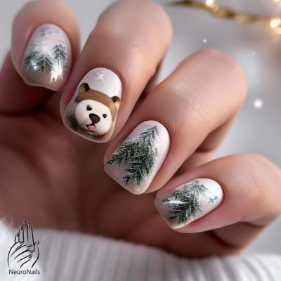 Мишка и елки на ногтях