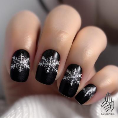 Белые большие снежинки на черных ногтях