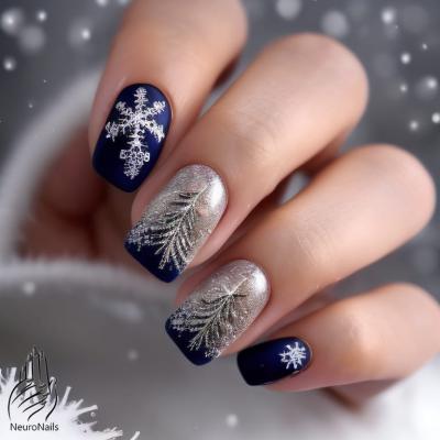 Синие ногти с серебряными снежинками и ёлочками