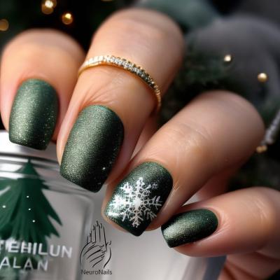 Зимний дизайн ногтей с зеленым блеском и большой снежинкой