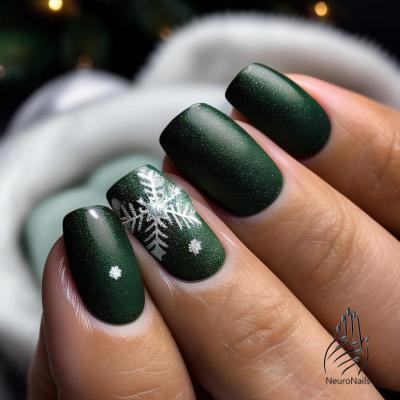 Огромная и маленькие снежинки на темно-зеленых ногтях