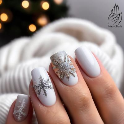 Белые ногти с огромными снежинками