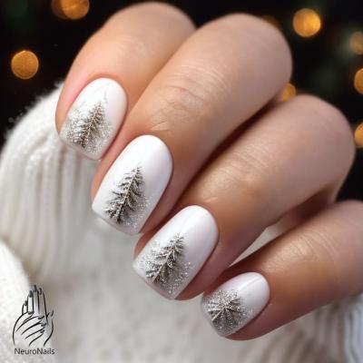 Белые ногти с серебряными елками