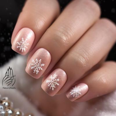 Зимний дизайн с белыми снежинками на ногтях