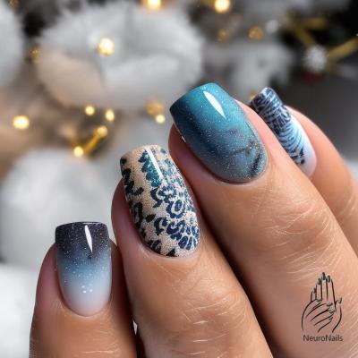 Зимний дизайн ногтей с узорами на бело-синих ногтях