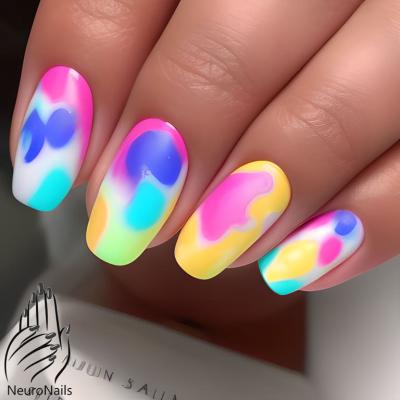 Multicolored neon marble on nails