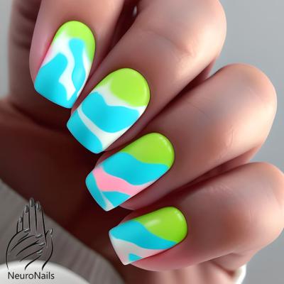 Neon manicure with wavy pattern