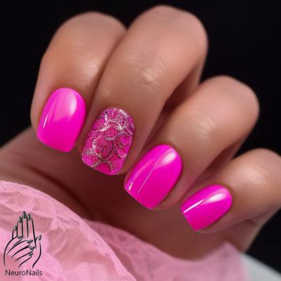 Raspberry neon manicure with decorations