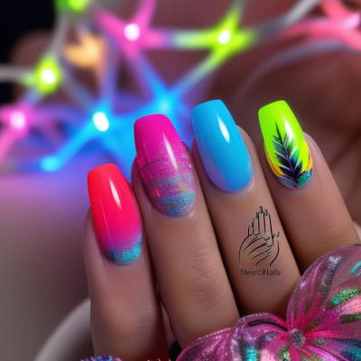 Neon manicure with different colors and patterns