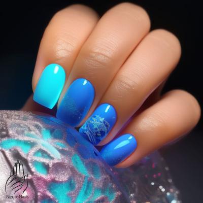 blue and cyan shades of neon manicure