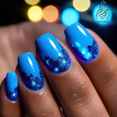 Blue neon manicure with intricate patterns and lighting