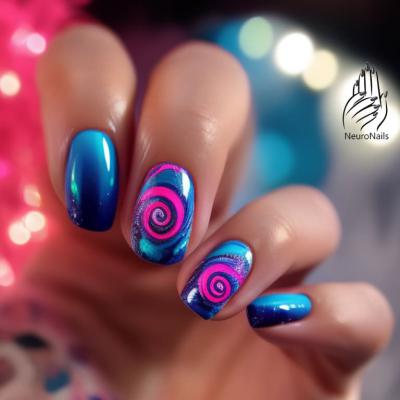 Neon manicure with swirl pattern