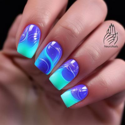 Neon manicure with patterns in lilac and turquoise tones