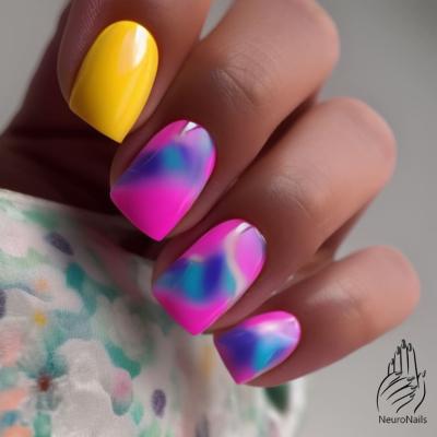 Neon manicure with marble patterns