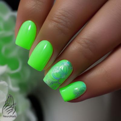 Green neon manicure with a beautiful print