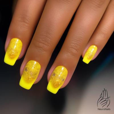 Yellow neon manicure with patterns