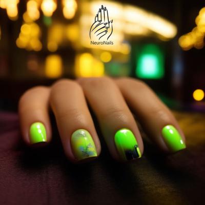 Green neon manicure with patterns and gradient