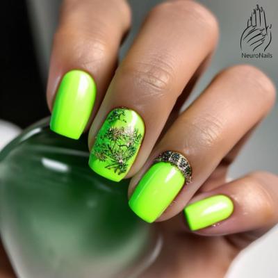 Green neon nails with patterns and decorations