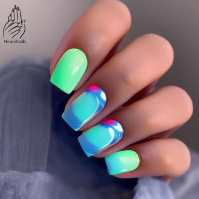 Neon nail design: green, blue and a little red