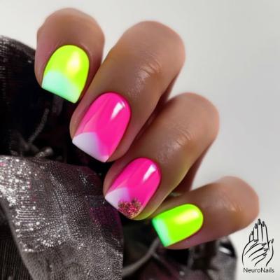 Neon nail design: green and pink shades